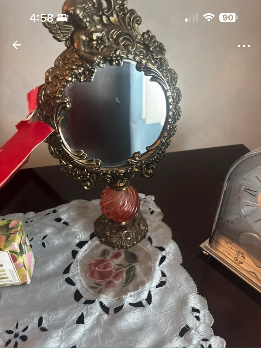 Ornate Decorative Table Mirror in Antique Gold with Pink Accent